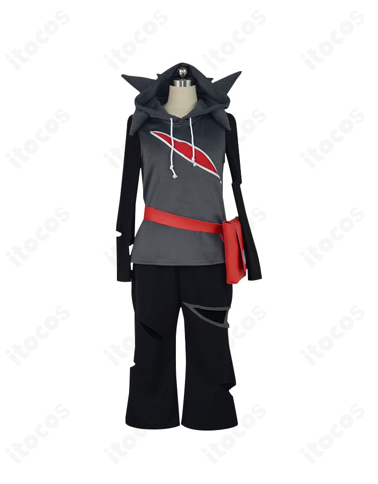 グラジオ コスプレ衣装の正面全身。黒基調に赤のアクセント、細身シルエットとウエストポーチを備えた高再現モデル