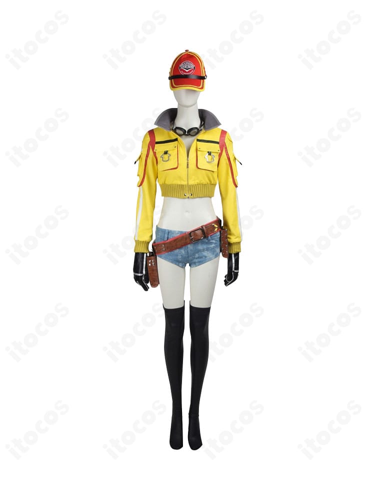 シドニー・オールムのコスプレ衣装正面。FF15の黄色ジャケットと小物を忠実再現したセット全景。