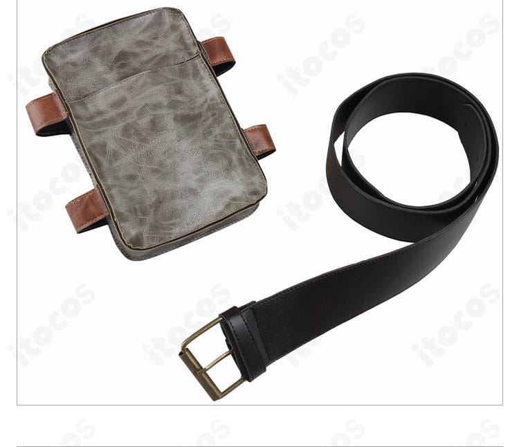 肩掛けバッグのディテール。シンプルで実用的な意匠が冒険装備の雰囲気を強調。