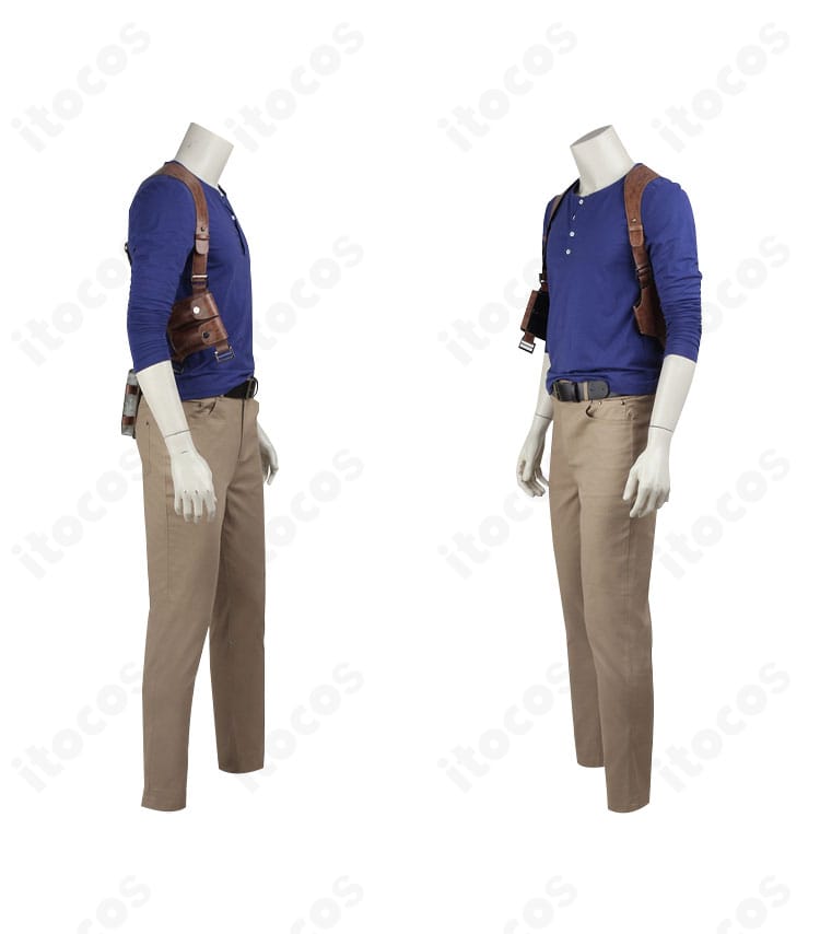 ネイサン・ドレイク衣装の襟周りディテール。トップステッチや縫製ラインが映える精緻な作り。