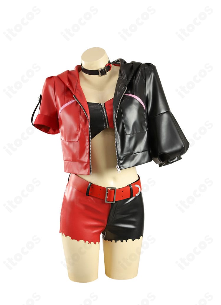 異世界スーサイド・スクワッド版ハーレイ・クインのコスプレ衣装 正面全体。鮮やかな発色とビスチェ＋ホットパンツのシルエットを高再現。