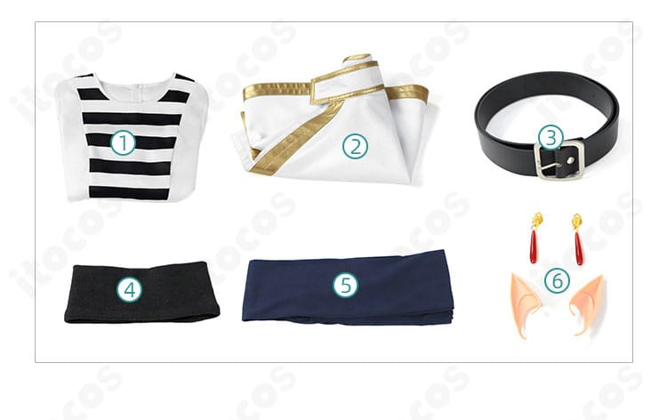 フリーレン 子供用コスプレ セット内容一覧。ワンピース、マント、ベルト、スヌード、タイツ、エルフ耳、耳飾り。