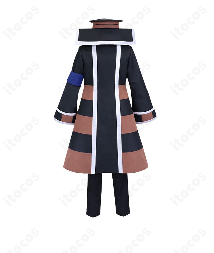 ポケモンBW ノボリ コスプレ衣装 背面全身。コートの後ろシルエットと配色ラインを確認できるカット。