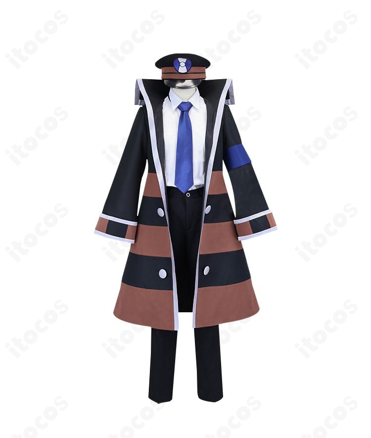 ポケモンBW ノボリ サブウェイマスター制服コスプレ 正面全身。黒白ロングコートと赤ネクタイを高再現。