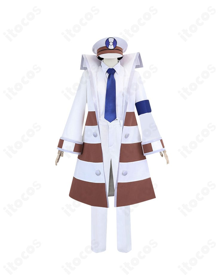 クダリ（ポケモンBW）サブウェイマスター制服の正面全身。白黒のロングコートと帽子、腕章・ネクタイまで揃った高再現セット。