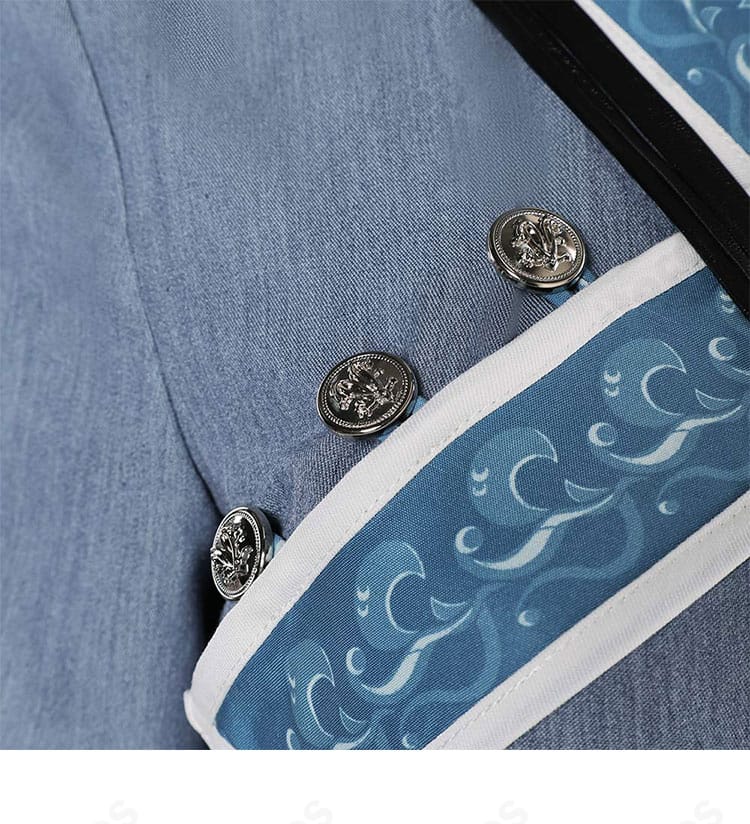 カタラ衣装 襟元クローズアップ。門襟と襟の装飾、縫製ディテールを強調。