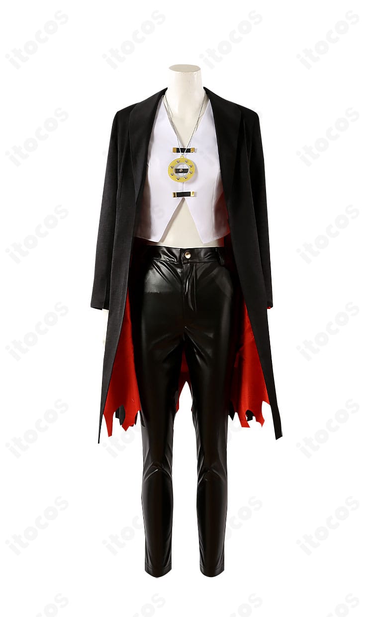 FGO テスカトリポカ 喫煙姿コスプレの正面全身。ロングコートとトップスのシルエットが忠実に再現され、イベント向けの存在感を強調。