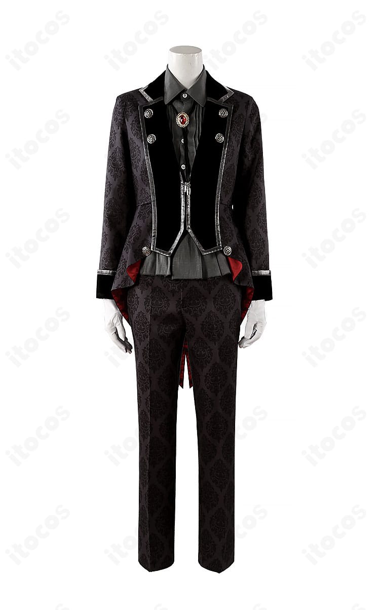 ブルーロック 御影玲王 アリス風コスプレ衣装の正面全体。ネイビー基調のコートと白シャツ、装飾が映えるフルコーデが確認できる画像