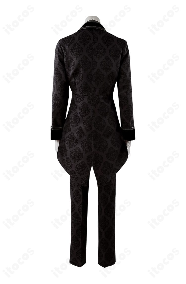 御影玲王 アリス風コスプレの背面。背中の切り替えと裾ライン、装飾の配置が見える画像