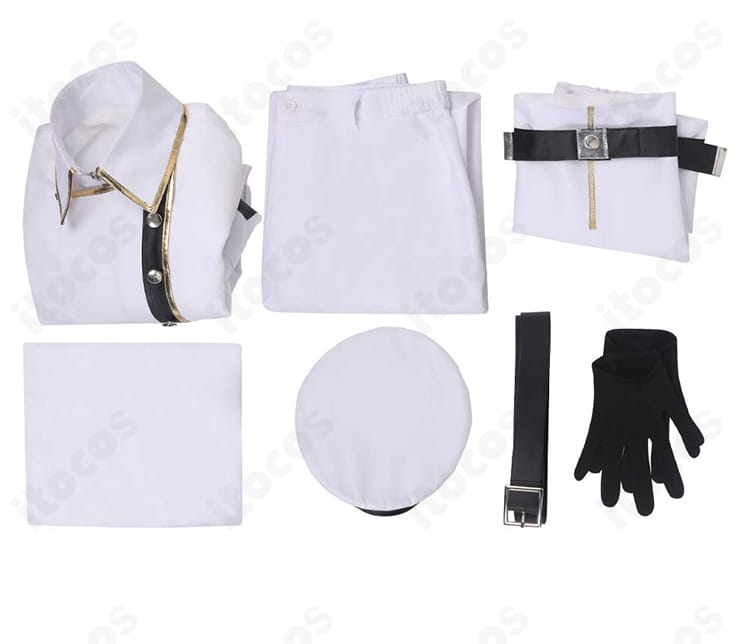 凪誠士郎 チェス衣装のセット内容一式。マント、上着、ズボン、手袋、帽子、ベルト、レッグカバーを並べた構成。