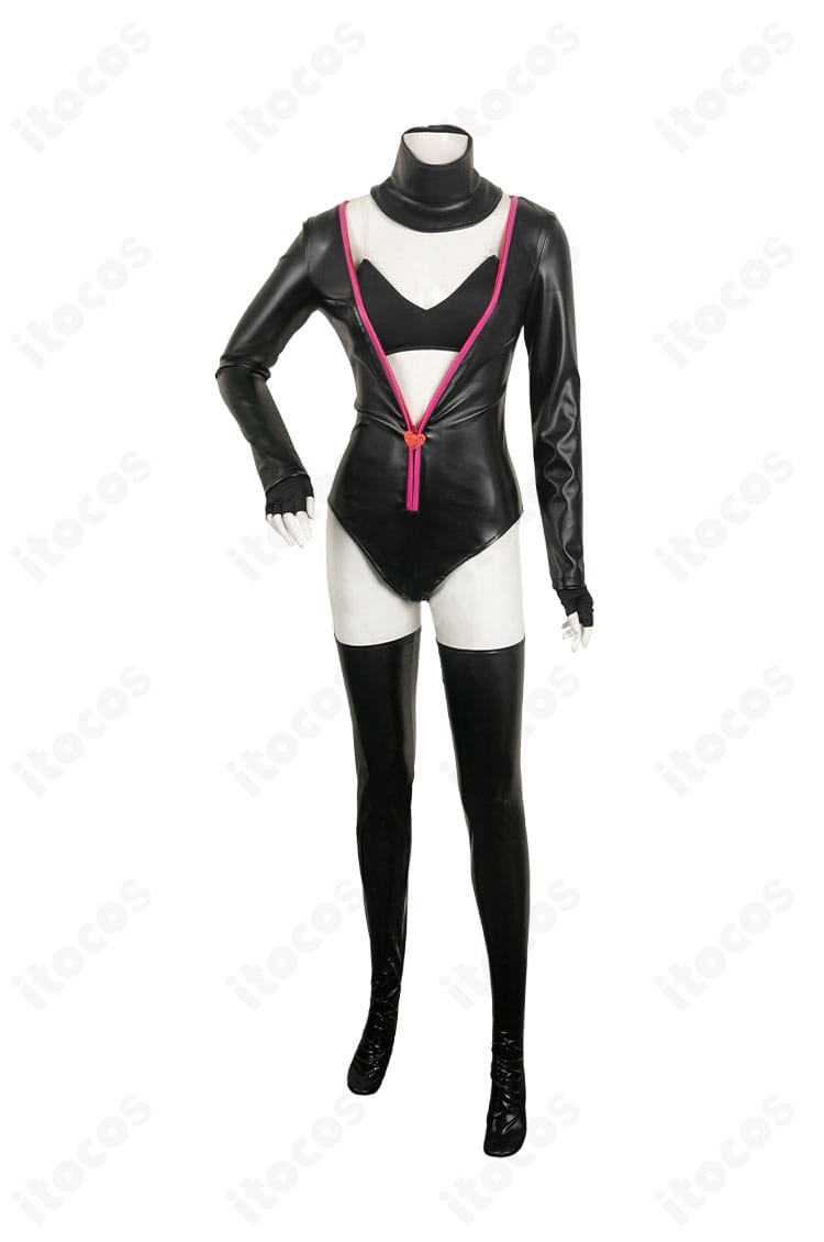 ハズビン・ホテル エンジェル・ダスト コスプレ衣装の正面全体。透け感レオタードとべアトップのレイヤーで高再現。