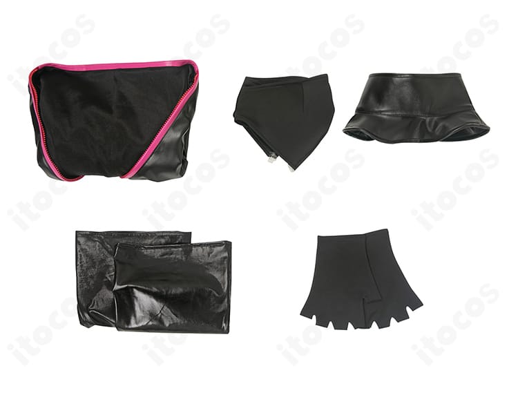 ハズビン・ホテル エンジェル・ダスト コスプレ衣装のセット内容一覧。レオタード、べアトップ、つけ襟、手袋、靴下を確認可能。