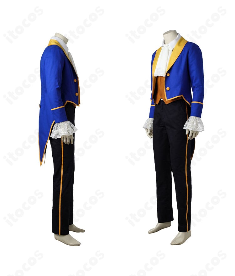 野獣 王子コスプレ衣装の側面ディテール。コートのラインと袖の装飾、パンツのシルエットを強調したカット