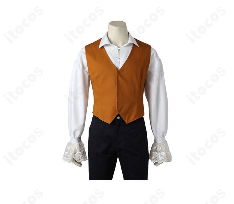 野獣 王子コスプレ衣装のベスト詳細。フロントの切替えとボタン位置、レイヤーの見せ方が分かる接写