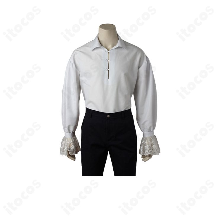 美女と野獣 野獣 王子コスプレのシャツディテール。襟型と前立ての縫製、スカーフを合わせた着こなし例