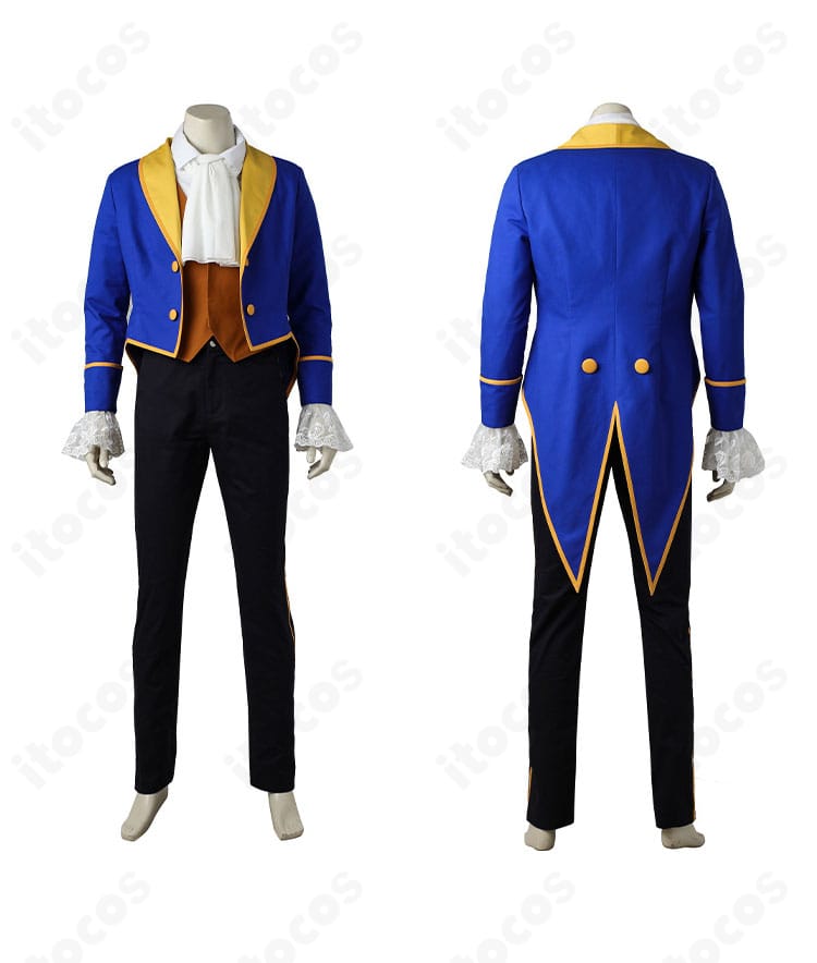 美女と野獣の野獣（ビースト）王子コスプレ衣装の正面と背面。コート・ベスト・シャツ・ズボン・スカーフの全体バランスを確認できる画像