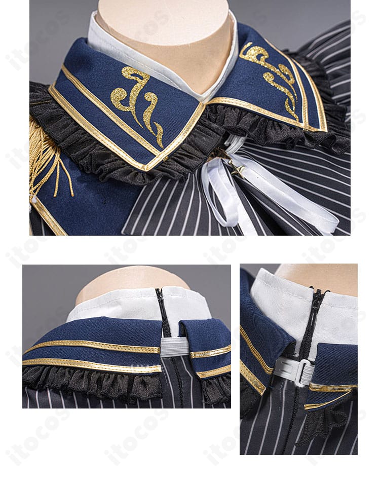 有馬かな衣装の襟元ディテール。前後の装飾配置とステッチワークを見せる画像。