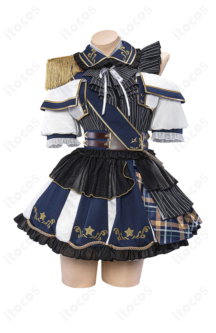 有馬かなコスプレ衣装の正面全体。上着とワンピース、コルセットベルトのレイヤードが分かるショット。