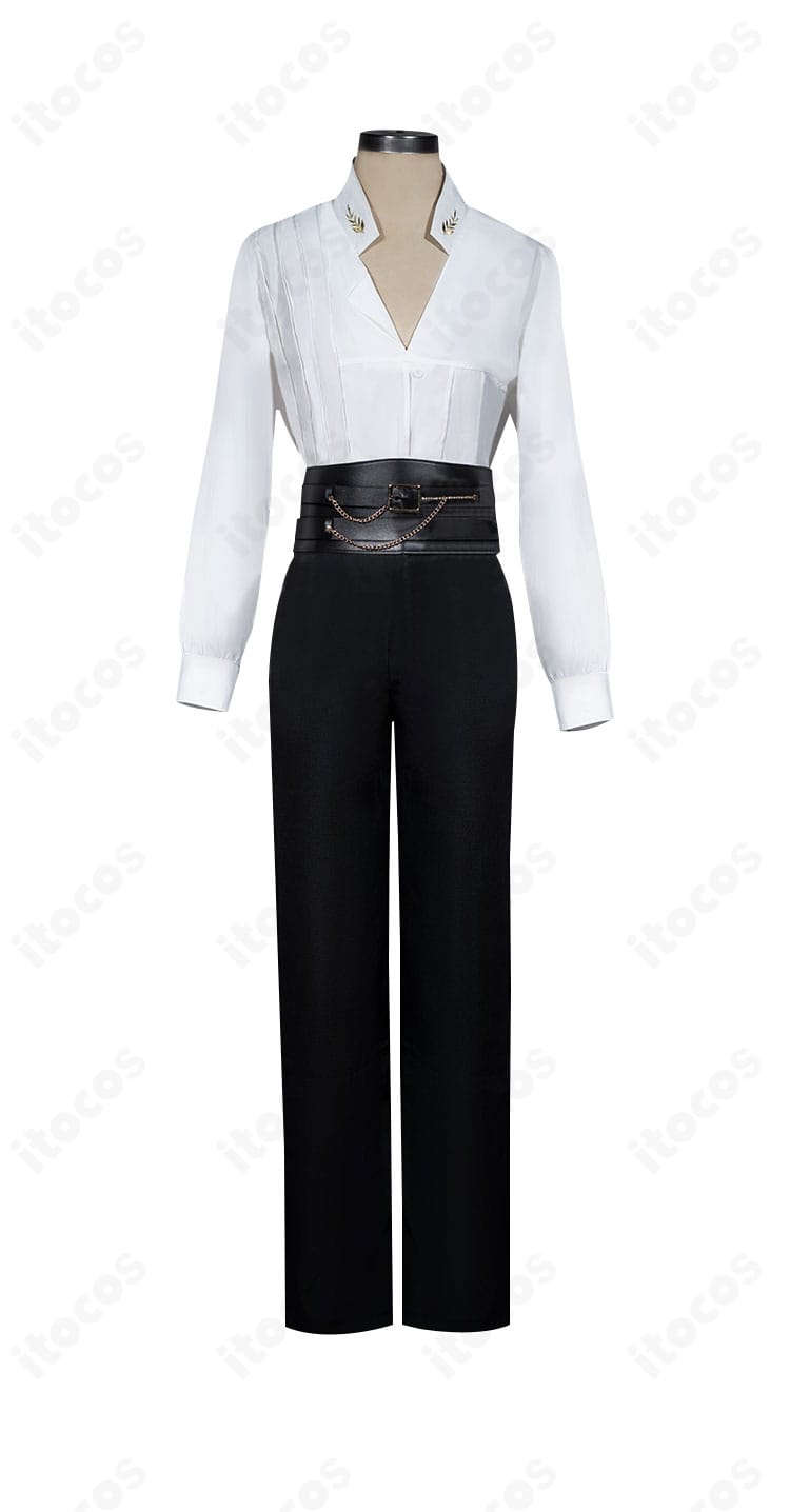 ホムラ 繋花の漫言 コスプレ衣装の正面全景。白シャツと装飾、コルセットベルトを忠実に再現したデザインのディテール。