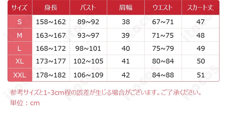原神 珊瑚宮心海 スシローコラボ衣装のサイズガイド。S〜XXLの寸法目安を示す図版。