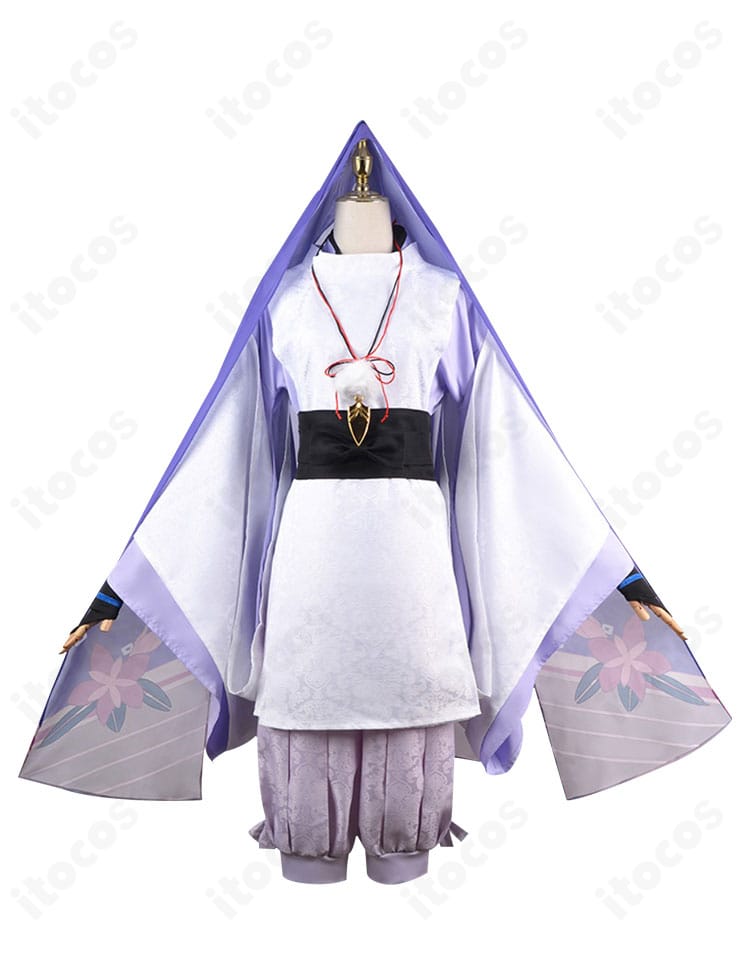 原神 スカラマシュ（散兵）神意版コスプレ衣装の正面全体。紫トップスと白トップスの重ねと装飾の配置を確認。