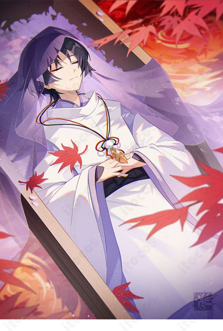 原神 スカラマシュ（散兵）神意版コスプレ衣装を着用した全身イメージ。刺繍とレイヤードが映えるクールな雰囲気。