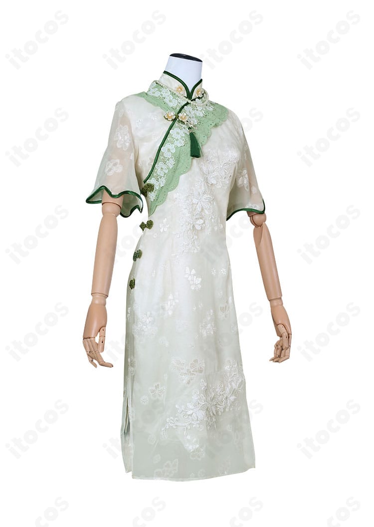 第五人格 エマ・ウッズ 初晴 コスプレ衣装の右側面。斜襟とサイドラインのシルエットが分かる角度