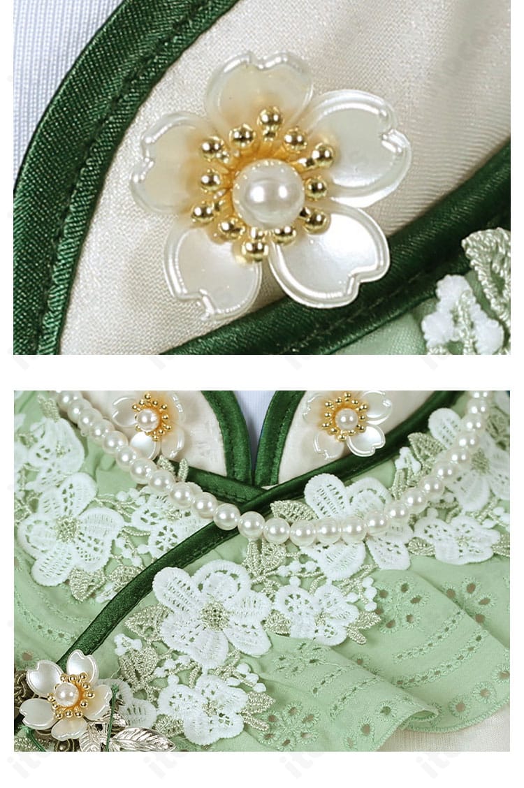 衣領周辺のステッチとパイピング。清楚で上品な仕上がりを示す近接カット