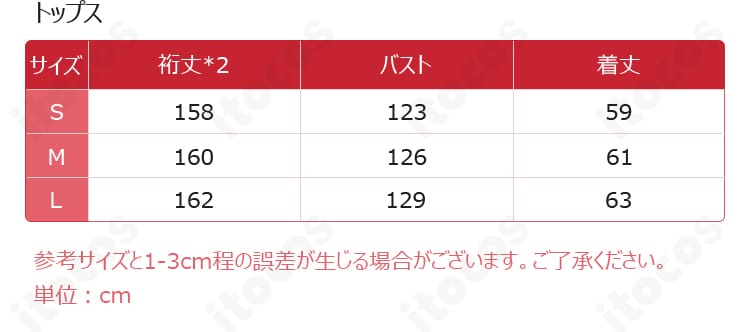 コスプレ衣装のサイズ表・寸法図。S・M・Lの選び方に役立つリファレンス画像。