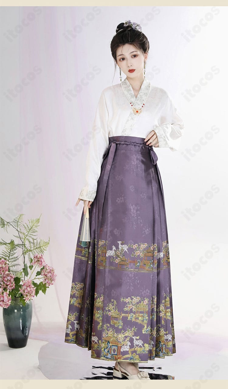 紫色を基調とした漢服コスプレの全身イメージ。色味の美しさとバランス良いシルエット。