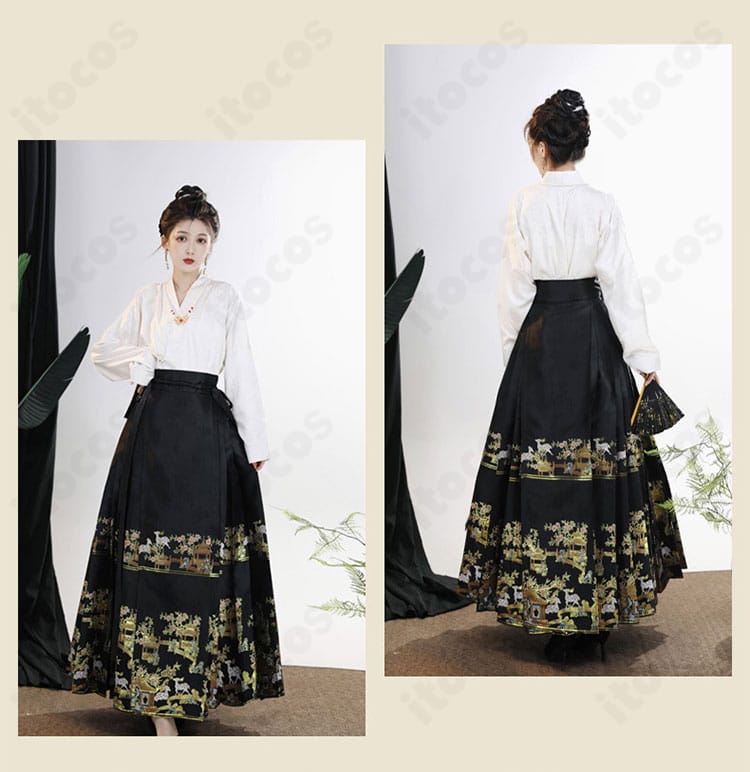 中華風コスチュームの前後ディテール比較。背面の落ち感とウエストのフィット感を示す画像。