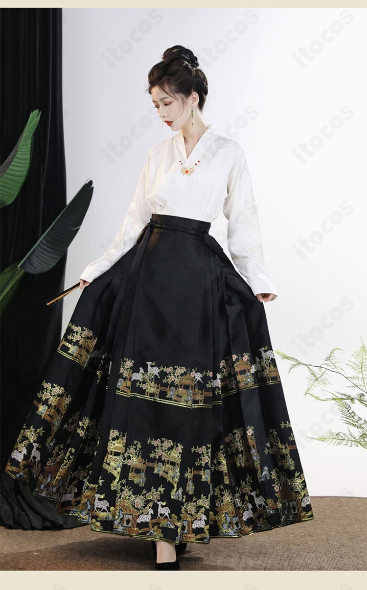 紫色スカートの広がりと刺繍ディテールをクローズアップ。裾の装飾と縫製の精密さが分かる画像。