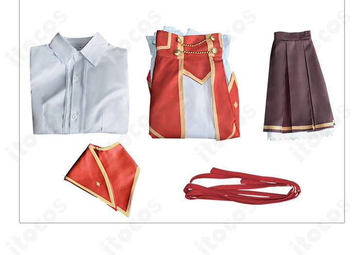 ユミエラ・ドルクネス コスプレのセット内容一覧。シャツ、オーバースカート、ショール、スカート、リボンのフルセット。