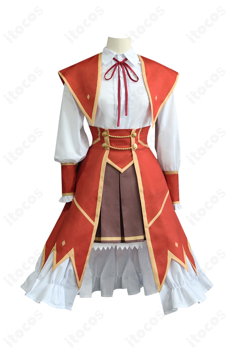 ユミエラ・ドルクネス 学園制服コスプレの正面。ショールとオーバースカートを重ねた高再現デザインが分かる全体像。