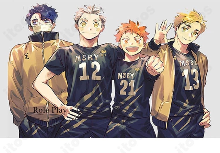 ハイキュー!! 日向翔陽 黒狼隊のコスプレ衣装を着用したキャラクターイメージ。全体の配色と雰囲気を確認できる参考画像