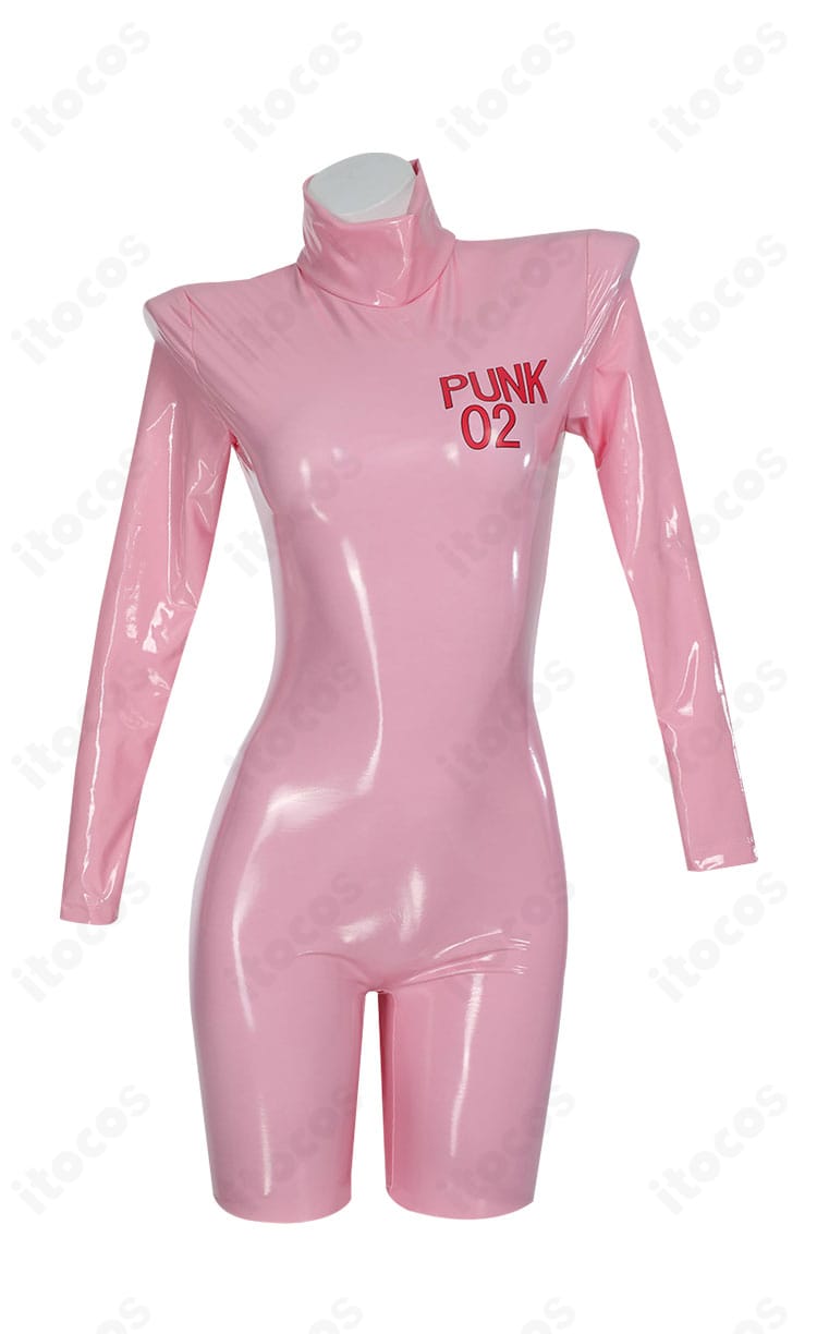 ボディスーツ内部のピンク配色ディテール正面。縫製ラインと質感の近接カット。