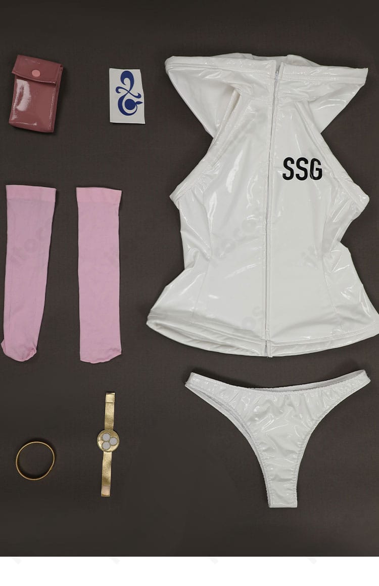 セット内容一覧画像。トップス、パンティー、ウエストポーチ、腕リング、靴下、タトゥーシール、レッグカバー、耳飾りを一括表示。