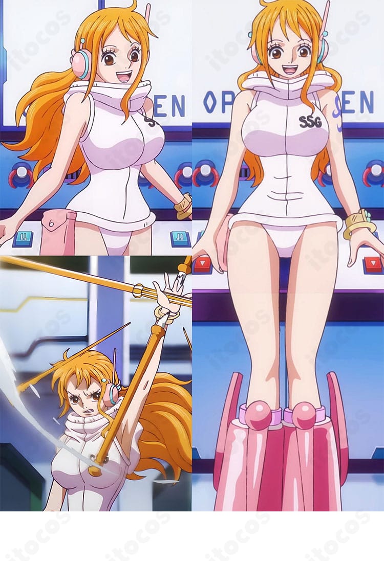 ONE PIECE ナミ エッグヘッド編コスプレ衣装の全身イメージ。近未来配色と小物を含むフルコーデがわかる全体像。