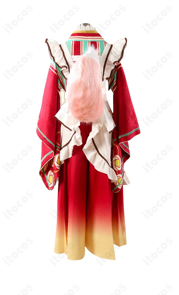 姫宮桃李 コスプレ衣装の背面。大きな蝶結びと装飾チェーン、エプロンの落ち感を確認できるカット。