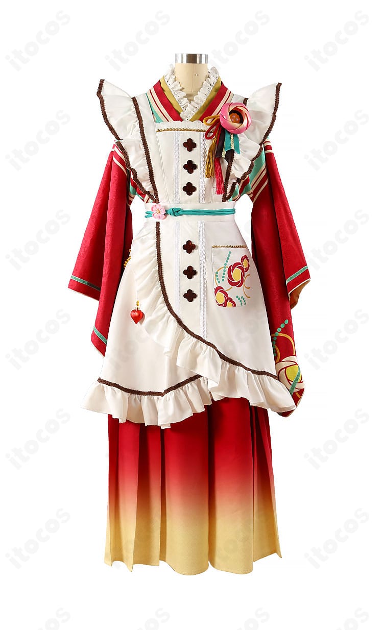 姫宮桃李 コスプレ衣装の正面全体。エプロン、トップス、シャツ、ズボンのシルエットとディテールが分かる画像。