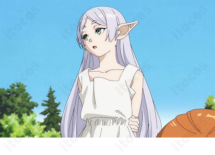 葬送のフリーレン フリーレン ワンピース衣装の着用イメージ。キャラクターの静謐な雰囲気を高再現した全身コーデ。