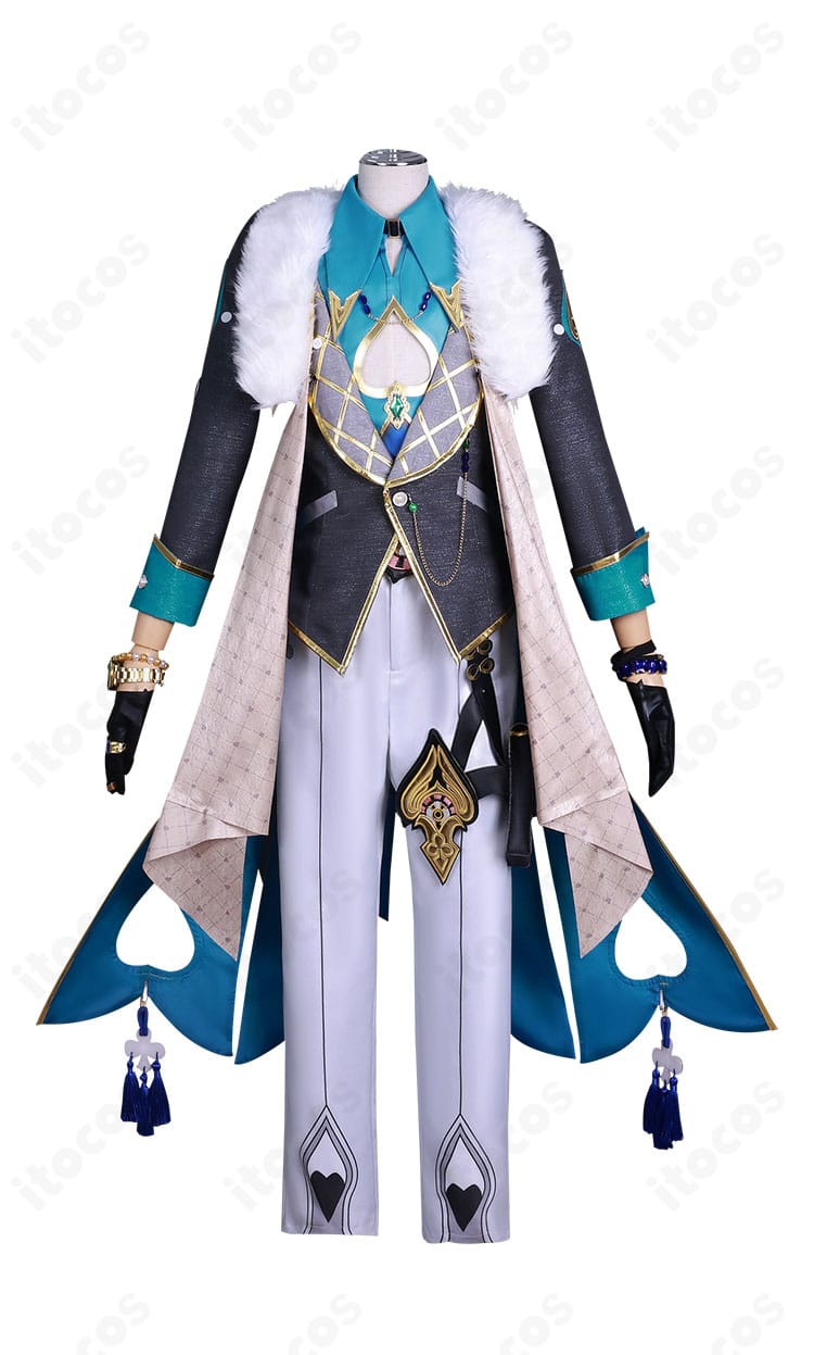 崩壊：スターレイル アベンチュリンのコスプレ衣装 正面全体像。黒地にゴールド装飾のスーツスタイルを高発色で再現。