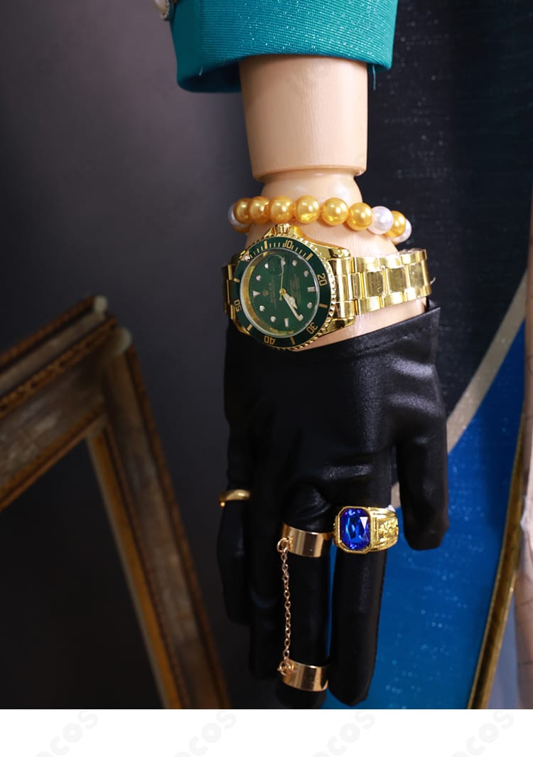 アベンチュリンの首飾りと手袋装飾のクローズアップ。アクセサリーの形状と質感を明瞭に表現。