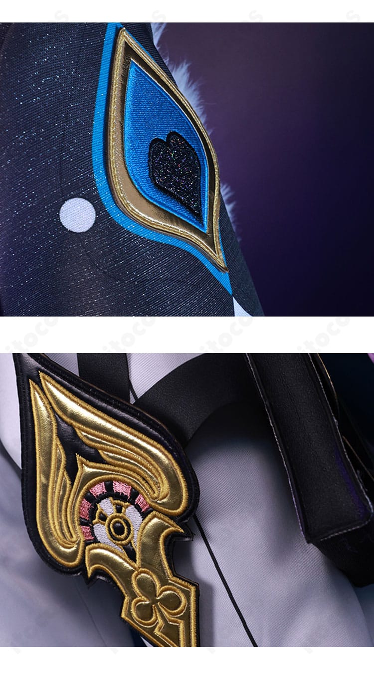 アベンチュリン衣装の肩・袖とパンツ脚部のディテール。金色トリムとモチーフ装飾の質感を強調。