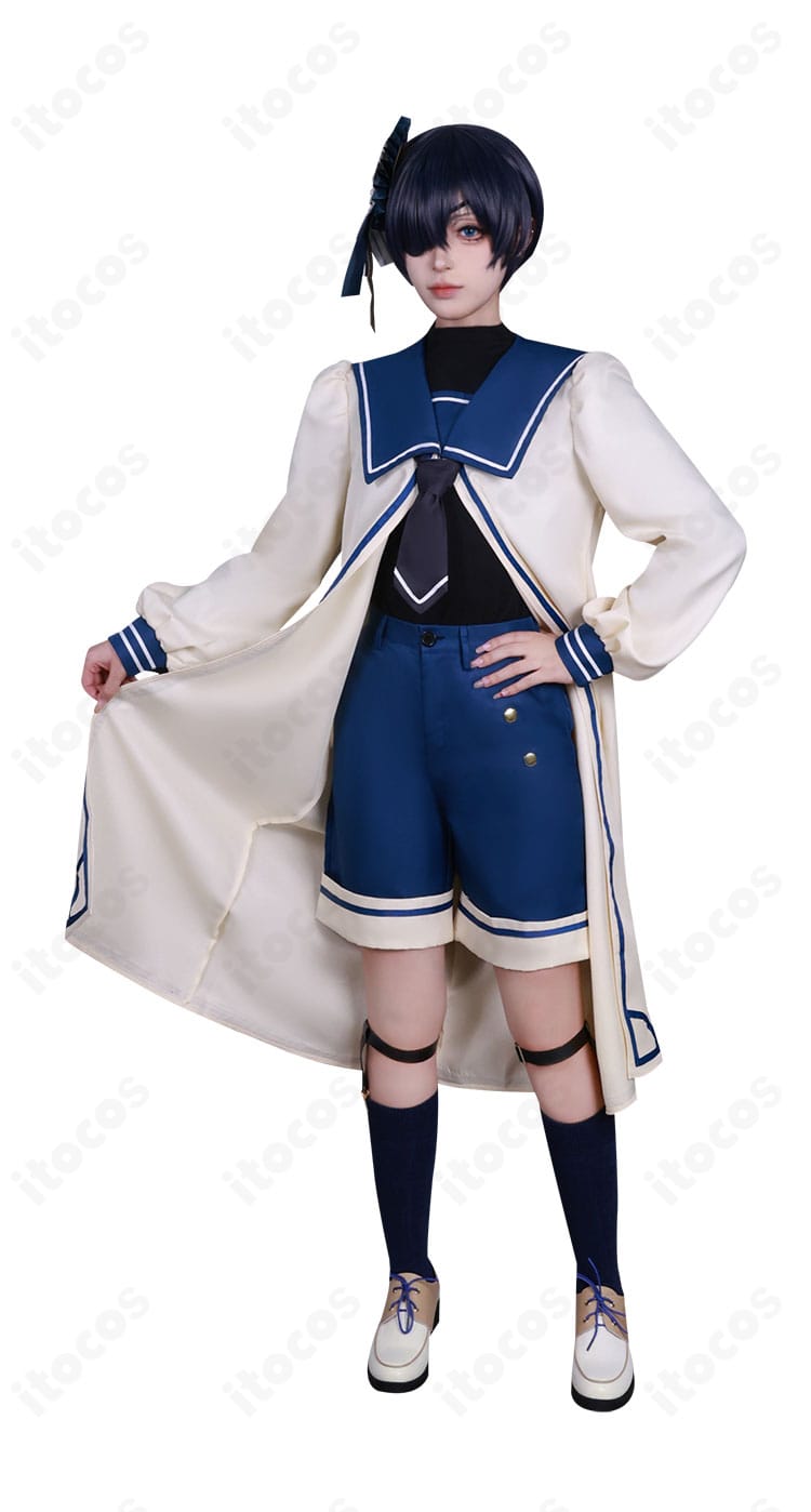 徽章・装飾ボタン・刺繍の近接カット。シエルの貴族衣装らしい精緻な意匠を強調したディテール画像。