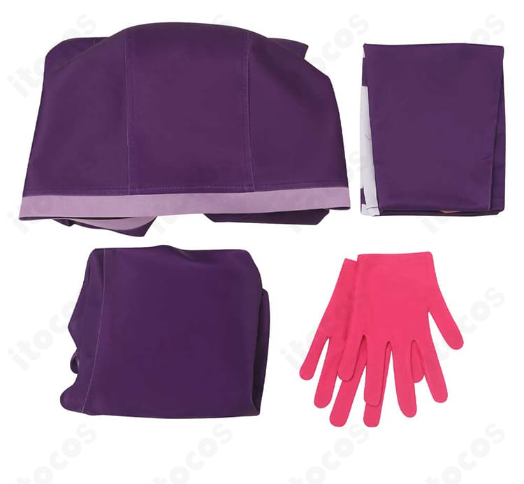 ジュエリー・ボニー エッグヘッド編コスプレ衣装のセット内容一覧。ボディスーツ、手袋、トップス、肩飾り、靴下を確認。