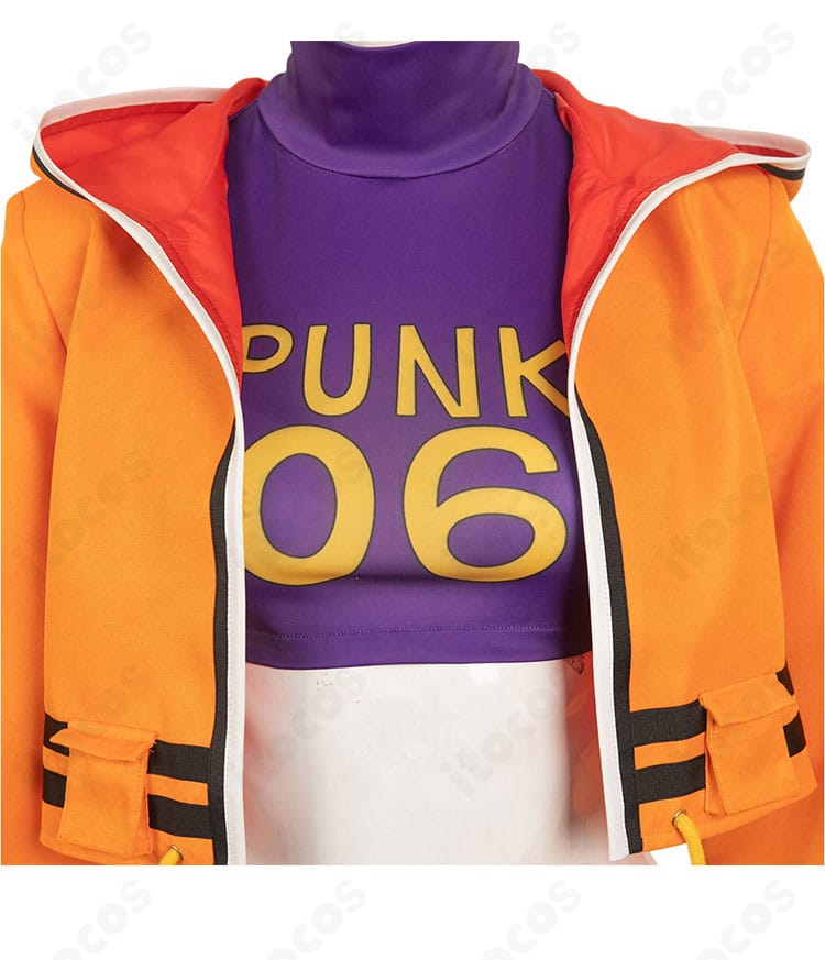 ヨーク（PUNK-06 欲）衣装の上衣前面ディテール。前面装飾の意匠と徽章の質感が伝わる近接カット。