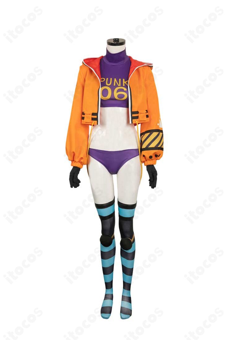 ONE PIECE ヨーク（PUNK-06 欲）エッグヘッド衣装の正面全体像。コートとタンクトップのレイヤーがわかる高再現コスチューム。