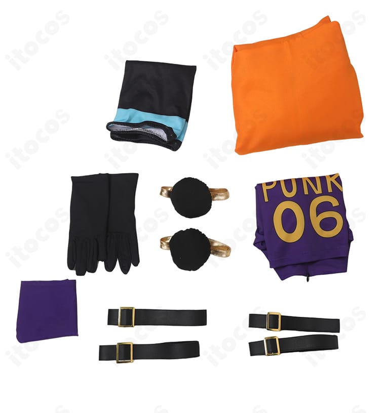 ヨーク（PUNK-06 欲）エッグヘッド衣装のセット内容一式。コート、タンクトップ、パンティー、手袋、靴下、ポーチ、太もも飾りを並べて表示。
