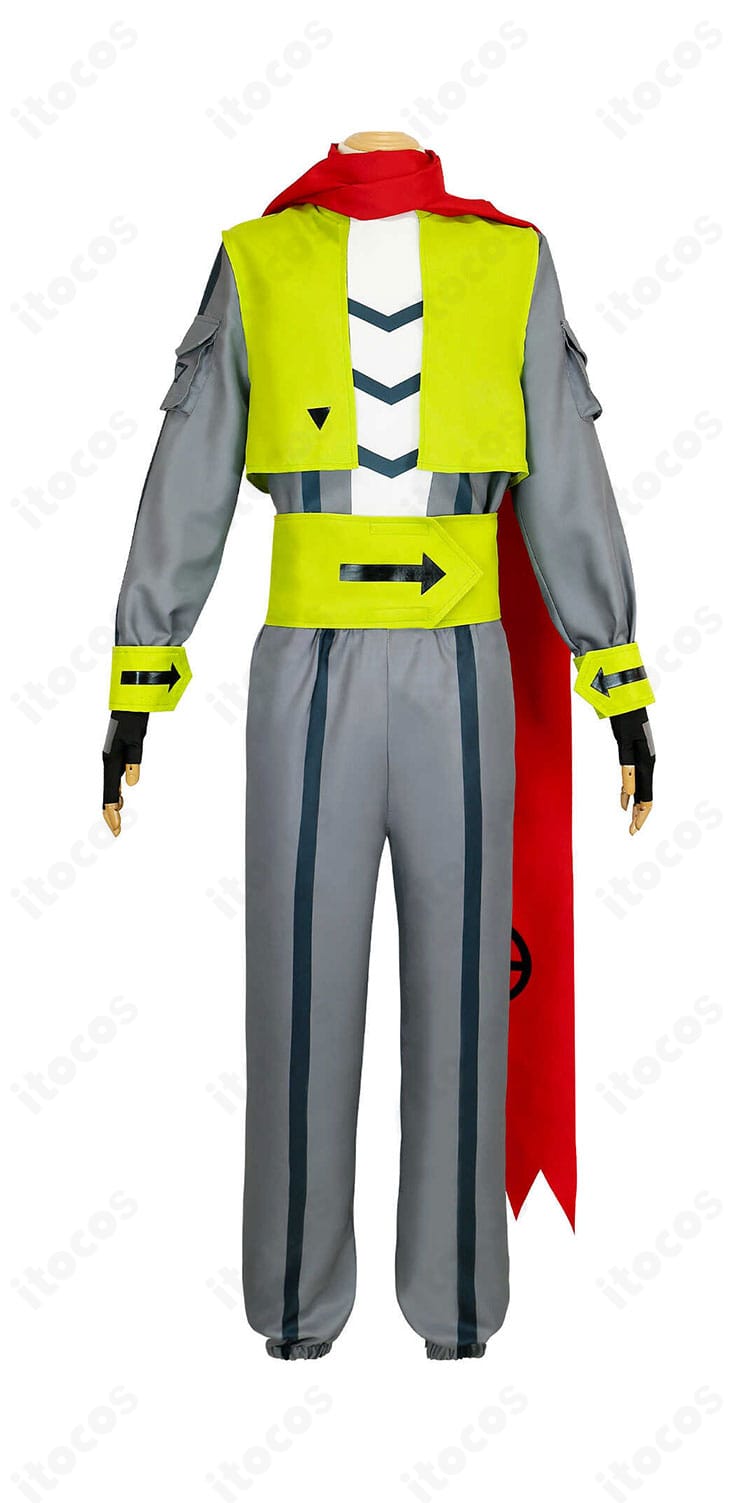 凹凸世界 カミル コスプレ衣装の正面全身図。トップスとベスト、コルセットベルトのラインが強調された高再現度の仕上がり。